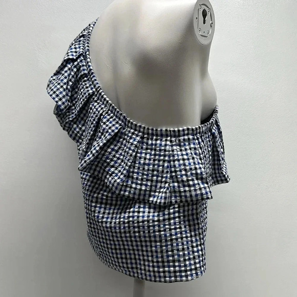 Misa Blouse One Shoulder Top Ruffled Blouse Gingham Plaid  Blue White Size Small - Picture 5 of 10